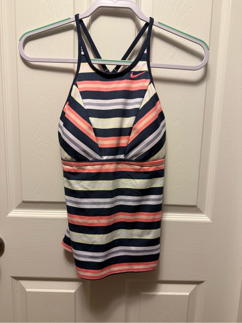 Nike Striped High-Neck One-Piece Swim Top in Navy, Coral & Pale Yellow